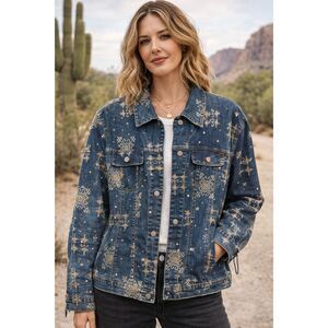 Vintage Embroidered Denim Jacket Rhinestone Studded Western Boho Aztec Oversized